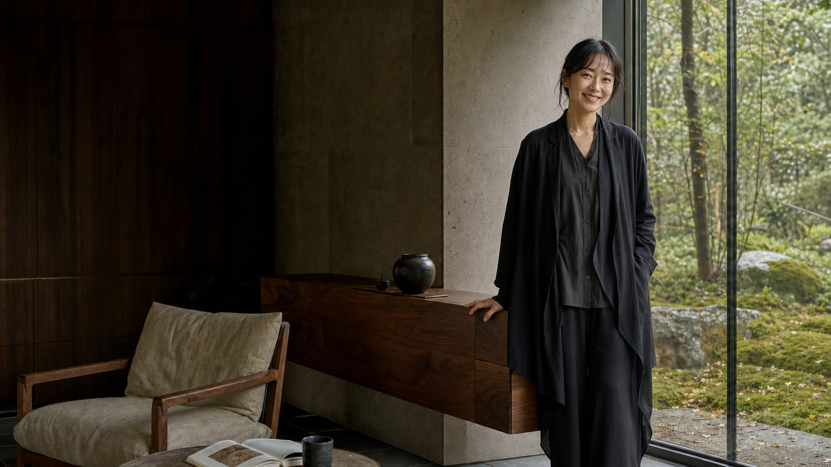 自然光が差す石と木の空間で、穏やかに微笑む若い女性